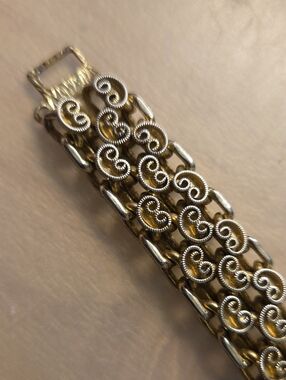 Vintage Gold Tone Ornate Scrollwork Multi Row Link Statement Bracelet